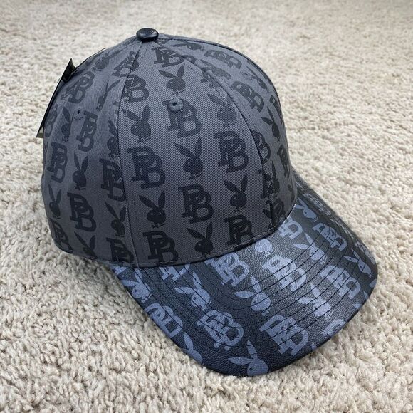 Playboy Bunny Hat Gray Black Premium All Over Print Gold Buckle Strapback Cap - Picture 3 of 8